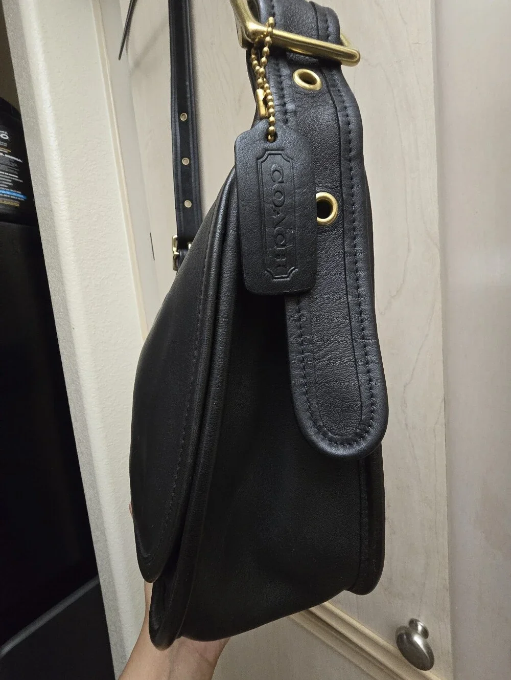 Vintage Coach Black Leather Zip-Top Crossbody with Gold Hardware